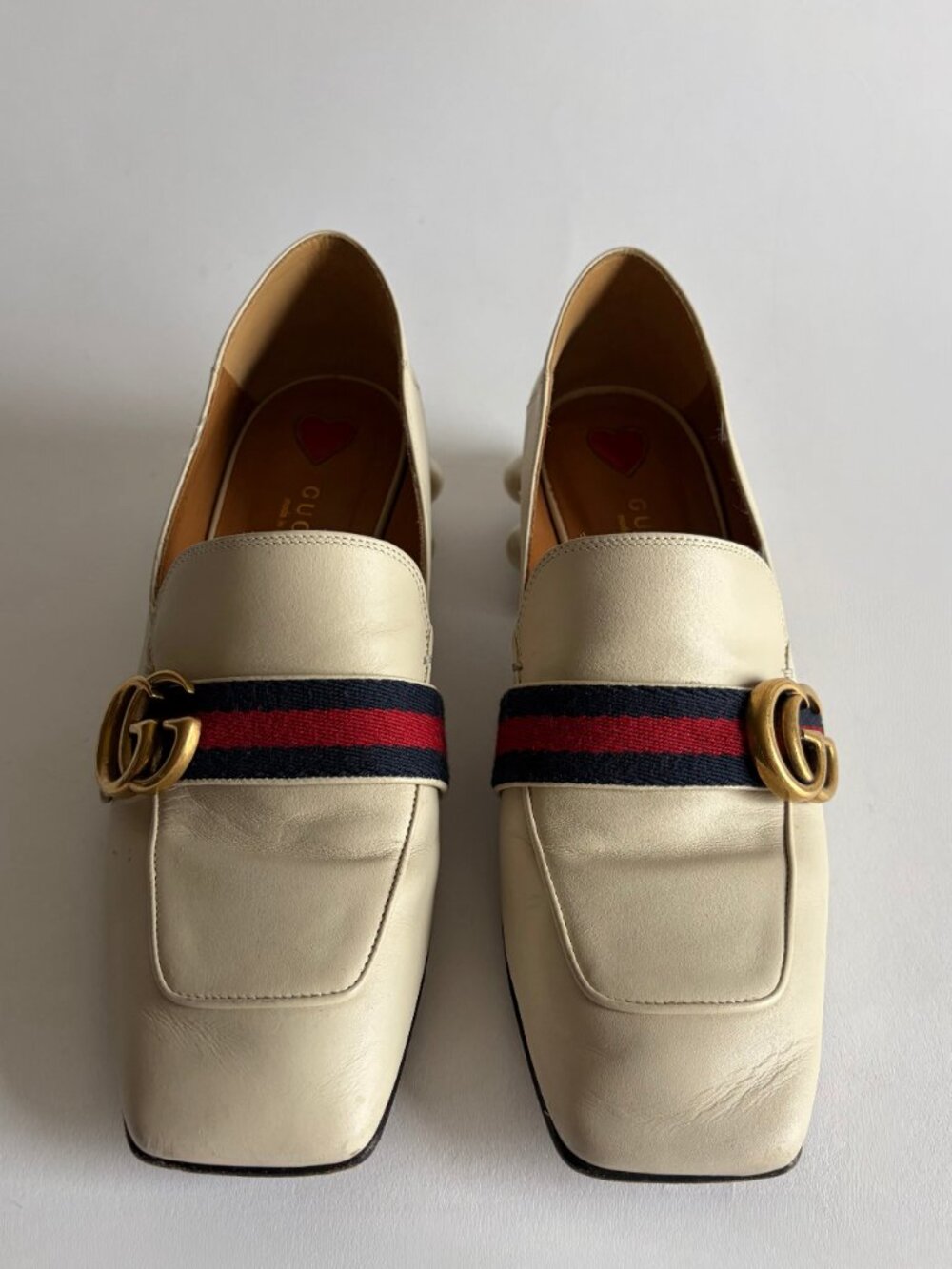 GUCCI PEYTON LEATHER PEARL HEELS MARMONT GG LOAFERS - Picture 3 of 11